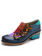 Socofy Genuine Leather Retro Colorblock Floral Decor Comfy Side-zip Low Heel Shoes - Blue