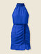 Solid Drawstring Chiffon Halter Sleeveless Keyhole Back Dress - Blue