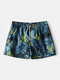 Floral & Leaves Print Loose Swimming Pants Breathable Drawstring Board Shorts With Pockets - Blue