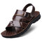 Men Pure Color Leather Non Slip Slippers Casual Beach Sandals  - Brown