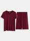 Men Plain Short Sleeve Pajamas Set Two Pieces Casual Loungewear - Wine Red