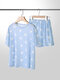 Plus Size Women Hearts Print Short Sleeve Pajamas Sets - Blue