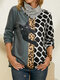 Cat Leopard Patch Print Button High Neck Long Sleeve T-Shirt - Grey