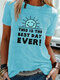Cartoon Sun Letter Print Short Sleeve T-shirt For Women - Blue