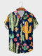 Camisas informales de manga corta con cuello de solapa y estampado de cactus para hombre - Azul oscuro