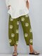Printed Elastic Waist Pants With Pocket - Green