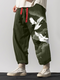 Mens Monochrome Japanese Style Crane Print Loose Pants Winter - Army Green