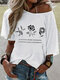 Flower Letter Print Off-shoulder Short Sleeve Casual T-shirt For Women - White
