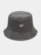 Unisex washed Made-old Cotton Solid Color Crown Pattern Embroidery Simple Bucket Hat - Gray