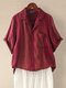 Women Polka Dot Striped Lapel Short Sleeve Shirt With Pocket - Red