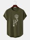 Mens Line Drawing Rose Japanese Print Curved Hem Short Sleeve T-Shirts - Army Green