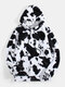 Mens Allover Cow Print Fluffy Kangaroo Pocket Pullover Plush Hoodie - Black