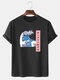 Mens Ukiyo Wave Graphic Print 100% Cotton O-Neck Short Sleeve T-Shirt - Black