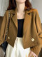 Solid Long Sleeve Button Lapel Cropped Blazer Women - Dark Brown