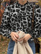 Leopard Print Ruffle Stand Collar Long Sleeve Blouse - Dark Gray