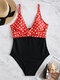 Women Swimsuits Polka Dot Deep-V Backless One Piece Swimwear - Red