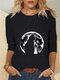 Cat Print O-neck Long Sleeve Plus Size Black T-shirt - Black