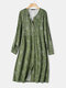 Printed Button Fly V-neck Bishop Sleeve Bohemian Dress - Green