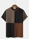 Mens Color Block Patchwork Crew Neck Short Sleeve T-Shirt - Brown