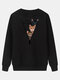 Cartoon Cat Printed O-neck Long Sleeve Sweatershirt - Black
