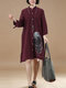 Painting Button Stand Collar Long Sleeve Print Shirt Dress - Wine Red