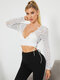 Solid Long Sleeve Backless Lace Hollow Out Crop Top For Women - White