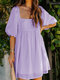 Jacquard Loose Solid Color Square Collar Half Sleeve Chiffon Dress - Purple