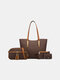Women PU Leather 4 PCS Tassel Gingham Pattern Handbag Tote - Brown