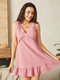 Check Hollow Open Back Sleeveless V-neck Smocked Casual Dress - Pink