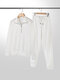 Women Vintage Half Zip Drop Sleeves Drawstring Beam Feet Pants Home Loungewear - White