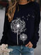 Women Printed Round Neck Long Sleeve Casual Loose Shirt Tops - Black