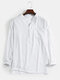 Mens Linen Solid Color 7 Color Casual Long Sleeve Henley Shirts With Pocket - White