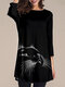Cat Print O-neck Long Sleeve Plus Size Casual Blouse for Women - Black