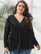 Casual Solid Color V-neck Long Sleeve Plus Size Blouse for Women - Black