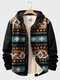 Mens Ethnic Geometric Print Patchwork Button Front Hooded Jacket Winter - Black