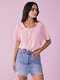 Chiffon Solid Lace Stitch Button Short Sleeve Crew Neck Blouse - Pink