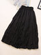 Casual Solid Color Pleated High Elastic Waist A-Line Midi Dress - Black