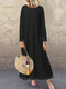 Women Lace Patchwork Double Pocket Long Sleeve Casual Dress - Black
