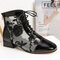 Women Flat Toe Flowers Embroidered Splicing Mesh Block Heel Short Summer Boots - Black
