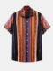 Mens Ethnic Style Stripe Printed Short Sleeve Cotton Breathable Loose Casual Shirt - As Picture