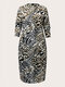 Plus Size Sexy Leopard O-neck Bodycon Long Sleeve Print Dress - Gray