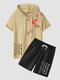 Mens Plum Bossom Chinese Poems Print Hooded Two Pieces Outfits - Khaki