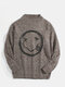 Mens Smile Face Print Crew Neck Knit Cotton Casual Pullover Sweaters - Coffee