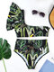 Women Tropical Plant Print One Shoulder Bandage Backless High Waist Bikinis Swimwear - Dark Green