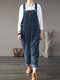 Solid Color Button Pockets Sleeveless Corduroy Jumpsuits - Navy