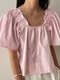 Blusa manga curta gola quadrada plissada sólida - Rosa