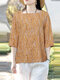 Damen-Bluse mit Pflanzenblatt-Print, quadratischem Kragen, seitlich geteiltem Saum - Gelb