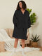 Women Solid Color Half Zip Fleece Lined Warm Oversized Blanket Hoodie - Black