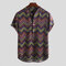 Men's Ethnic Printed Chevron Stand Collar Short Sleeve Loose Henley Shirts - Rose