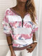 Tie Dye Long Sleeve V-neck Zip Front Sweatshirt For Women - Pink